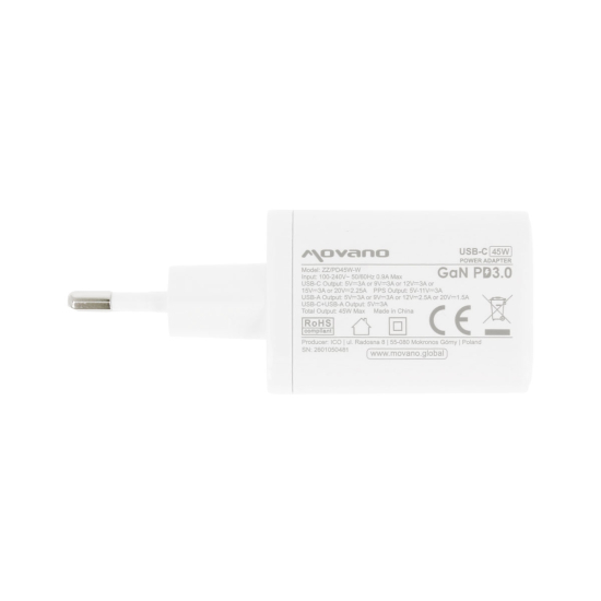 Ładowarka Movano GaN 45W USB-C PD + USB-A (white)