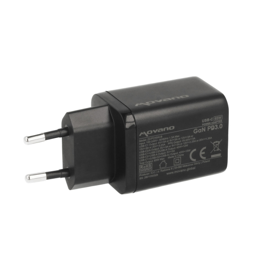 Ładowarka Movano GaN 65W 2x USB-C PD + USB-A (black)