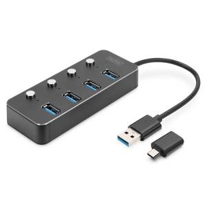 Hub USB 3.0 x4 adapter USB-C z wyłącznikami portów Digitus DA-70247