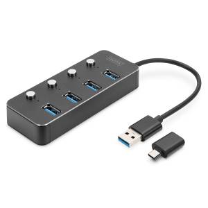 Hub USB 3.0 x4 adapter USB C z wyłącznikami portów Digitus DA-70247