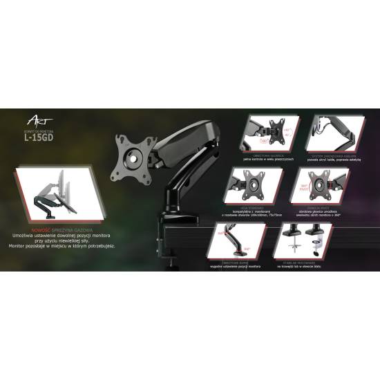 Ramię do monitora LCD ze sprężyną gazową Art L-15GD
