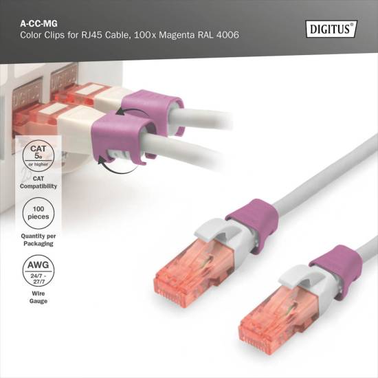 Klips do wtyku RJ45 100szt purpurowy Digitus A-CC-MG