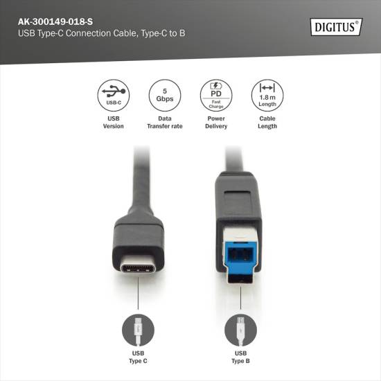 Kabel USB C - USB B 3.0 1,8m Digitus AK-300149-018-S