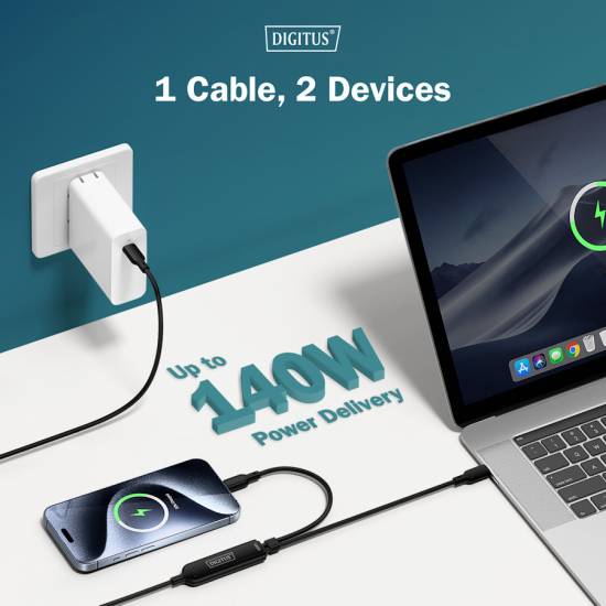 Kabel USB C 2w1 140W ładujacy 1,8m Digitus AK-300170-018-S