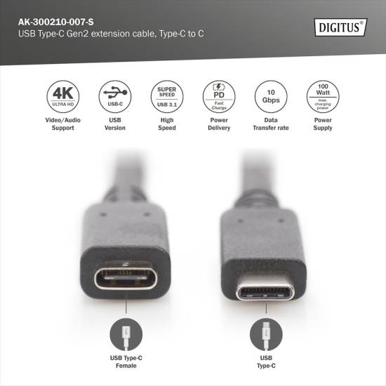Kabel USB C - USB C 3.1 przedłużacz 0,7m Digitus AK-300210-007-S
