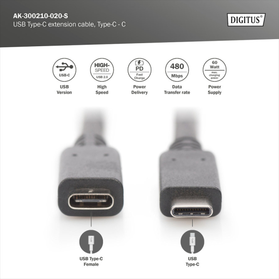 Kabel USB C - USB C 2.0 przedłużacz 2,0m Digitus AK-300210-020-S