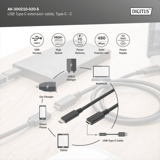 Kabel USB C - USB C 2.0 przedłużacz 2,0m Digitus AK-300210-020-S