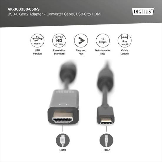 Kabel USB-C -> HDMI 4K 5m Digitus AK-300330-050-S