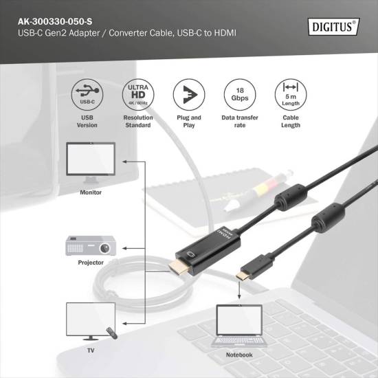 Kabel USB-C -> HDMI 4K 5m Digitus AK-300330-050-S