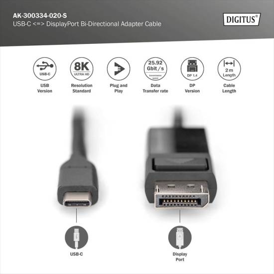 Kabel USB-C -> DisplayPort 8K dwukierunkowy 2m Digitus AK-300334-020-S