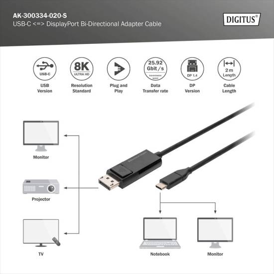 Kabel USB-C -> DisplayPort 8K dwukierunkowy 2m Digitus AK-300334-020-S