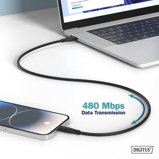 Kabel USB 2.0 USBA - USB-C 60W czarny 1,0m silikonowy Digitus AK-300340-010-S