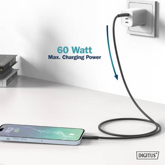 Kabel USB 2.0 USBA - USB-C 60W czarny 1,0m silikonowy Digitus AK-300340-010-S