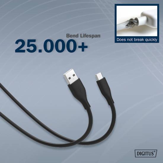 Kabel USB 2.0 USBA - USB-C 60W czarny 1,0m silikonowy Digitus AK-300340-010-S