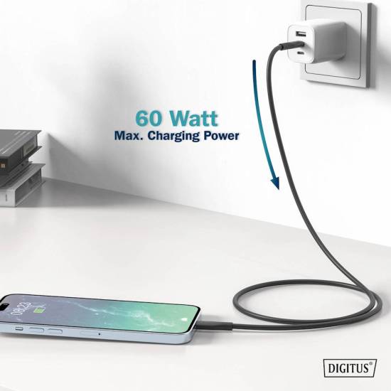 Kabel USB 2.0 USB-C - USB-C 60W czarny 1,0m silikonowy Digitus AK-300341-010-S