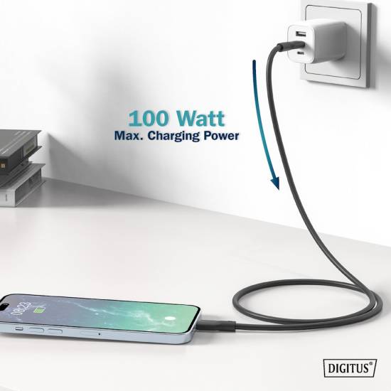 Kabel USB 3.2 Gen2 USB-C - USB-C 100W 10Gbs czarny 1,0m silikonowy Digitus AK-300342-010-S