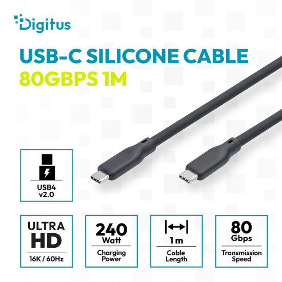 Kabel USB 4.0 ver.2.0 USB-C - USB-C 240W 80Gbs 8K@60Hz czarny 1,0m silikonowy Digitus AK-300350-010-S