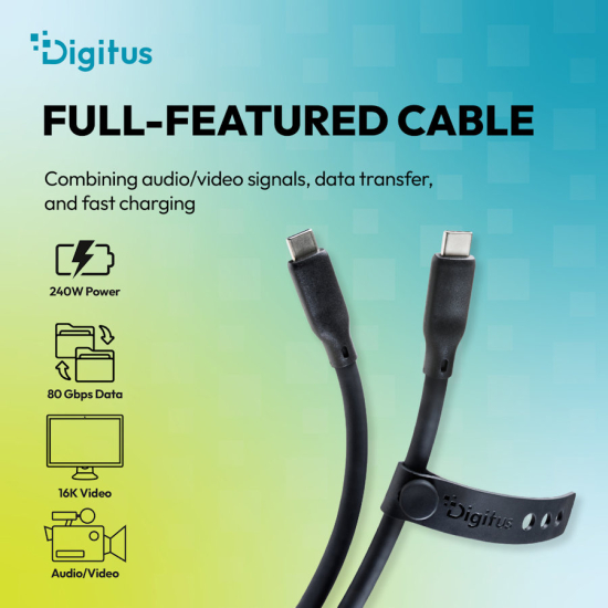 Kabel USB 4.0 ver.2.0 USB-C - USB-C 240W 80Gbs 8K@60Hz czarny 1,5m silikonowy Digitus AK-300350-015-S