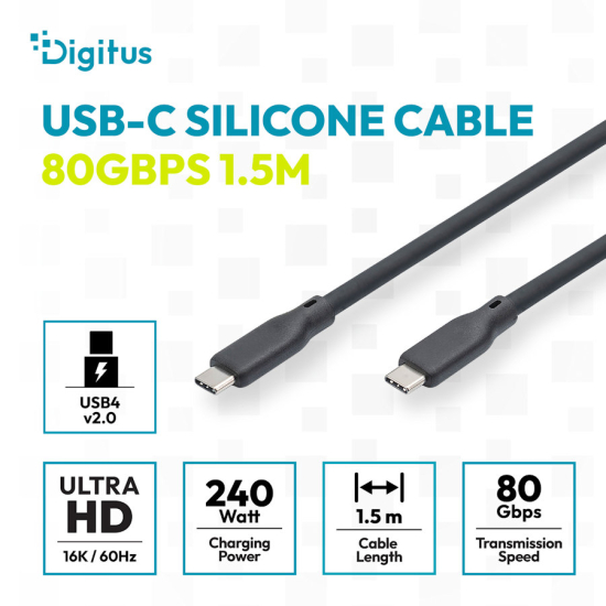 Kabel USB 4.0 ver.2.0 USB-C - USB-C 240W 80Gbs 8K@60Hz czarny 1,5m silikonowy Digitus AK-300350-015-S