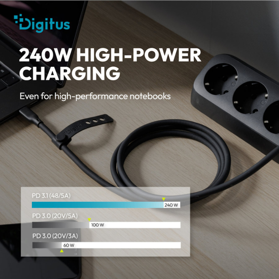 Kabel USB 4.0 ver.2.0 USB-C - USB-C 240W 80Gbs 8K@60Hz czarny 1,5m silikonowy Digitus AK-300350-015-S