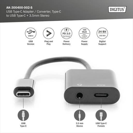 Adapter USB-C -> mini jack i Typ-C 100W Digitus AK-300400-002-S