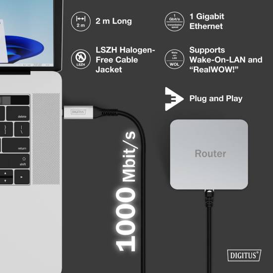 Adapter / karta sieciowa USB-C RJ45 1Gbps kabel 2m Digitus AK-300601-020-S
