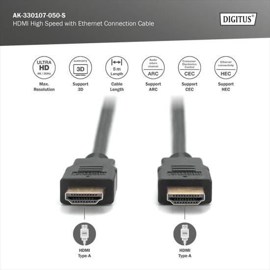 Kabel HDMI 1.4 M/M 4K@30Hz 5,0m Digitus AK-330107-050-S