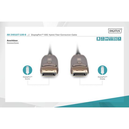 Kabel DisplayPort 1.4 M/M optyczny AOC 8K 10m Digitus AK-340107-100-S