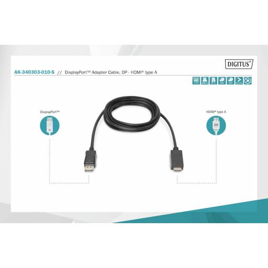 Kabel DisplayPort HDMI 4K@60Hz 1,0m Digitus AK-340303-010-S