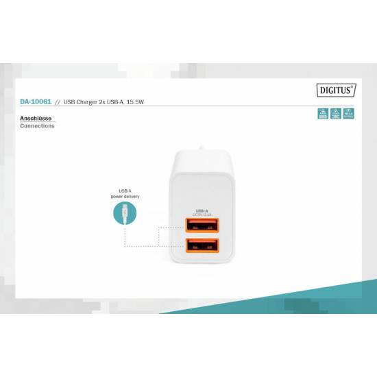 Ładowarka USB-A x2 15,5W Digitus DA-10061