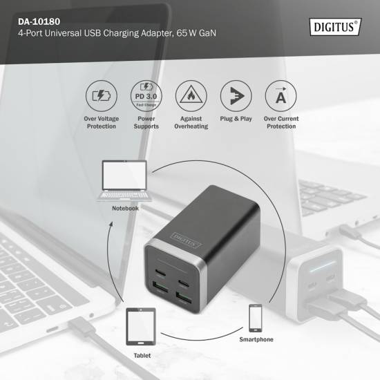 Ładowarka sieciowa GaN USB A x2 USB-C x2 PD 65W Digitus DA-10180