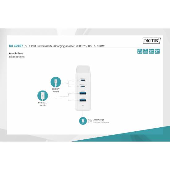 Ładowarka USB A x2 i USB C x2 PowerDelivery 100W Digitus DA-10197