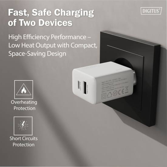 Ładowarka sieciowa zasilacz 20W 1x USB-C 1x USB-A biała Digitus DA-10300