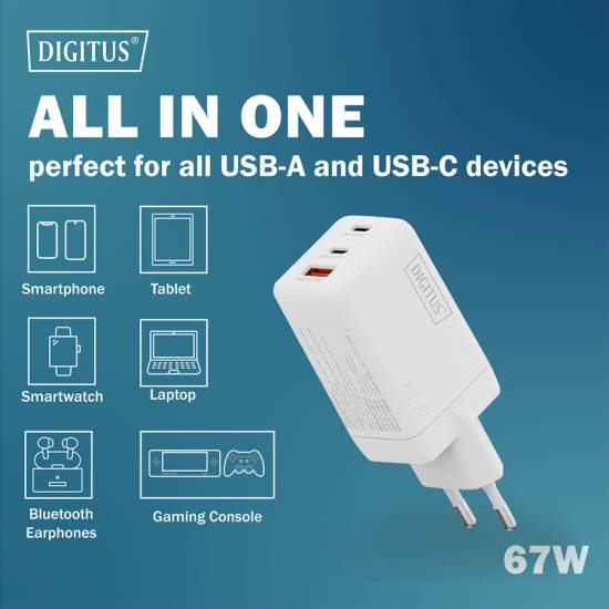Ładowarka sieciowa zasilacz 67W GaN II USBA x1 USBC x2  Digitus DA-10303