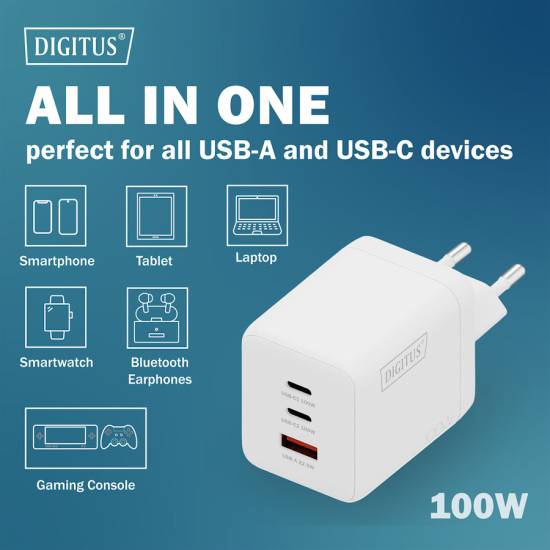 Ładowarka sieciowa zasilacz 100W GaN II USB-A x1 USB-C x2 Digitus DA-10304