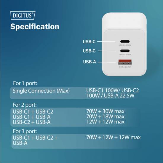 Ładowarka sieciowa zasilacz 100W GaN II USB-A x1 USB-C x2 Digitus DA-10304