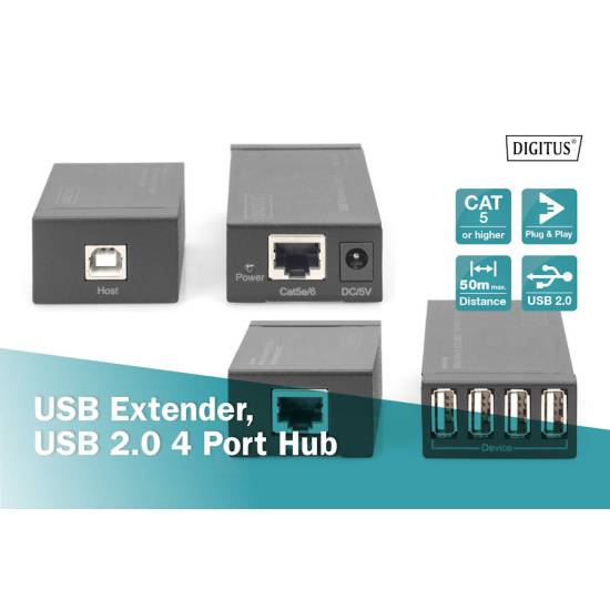 Kabel USB 2.0 A-A przedłużacz UTP 50m + hub USB 2.0 4-portowy Digitus DA-70143
