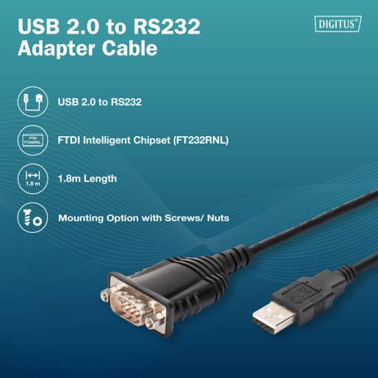 Konwerter USB 2.0 -> RS-232 chipset FTDI FT232RNL kabel 1,8m Digitus DA-70172