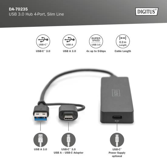 Hub USB 3.0 x4 adapter USB-C kabel 0,2m Digitus DA-70235