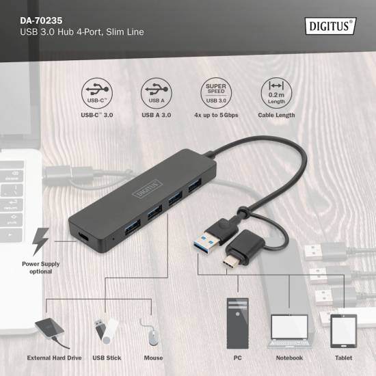 Hub USB 3.0 x4 adapter USB-C kabel 0,2m Digitus DA-70235