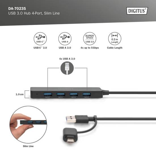 Hub USB 3.0 x4 adapter USB-C kabel 0,2m Digitus DA-70235