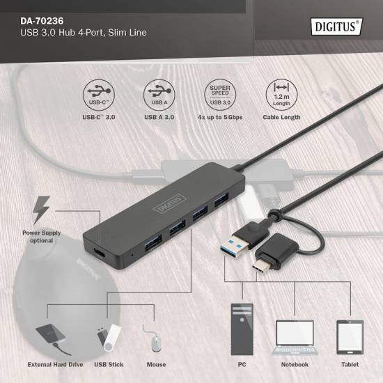 Hub USB 3.0 x4 adapter USB-C kabel 1,2m Digitus DA-70236