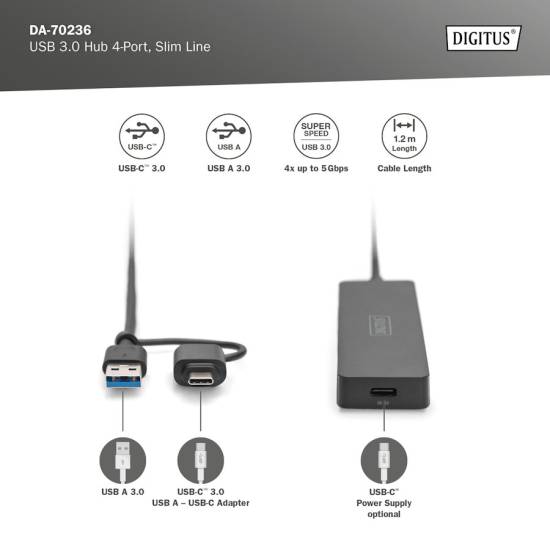 Hub USB 3.0 x4 adapter USB-C kabel 1,2m Digitus DA-70236