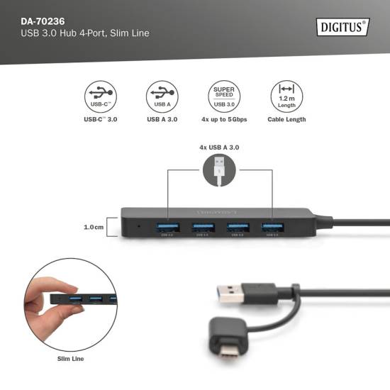 Hub USB 3.0 x4 adapter USB-C kabel 1,2m Digitus DA-70236