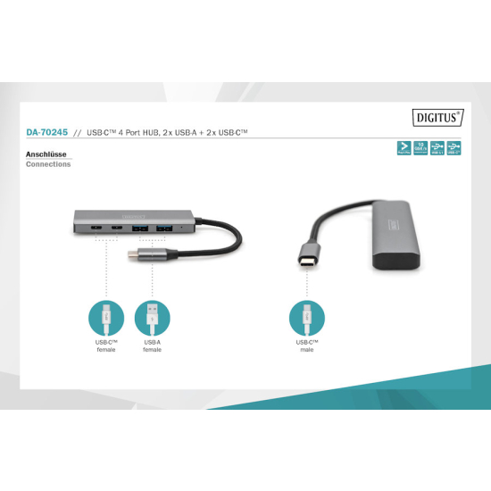 Hub USB-C -> USB-A x2 USB-C x2 10Gbps Digitus DA-70245