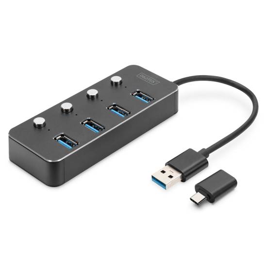 Hub USB 3.0 x4 adapter USB-C z wyłącznikami portów Digitus DA-70247