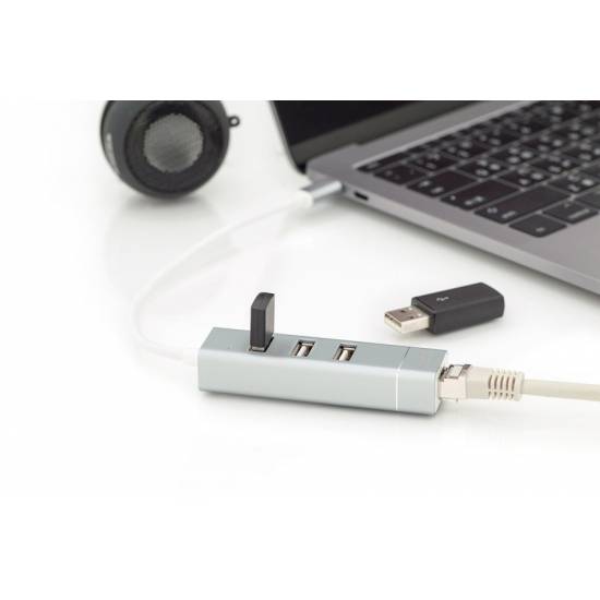 Hub USB2 x3 + karta sieciowa ethernet z USB C Digitus DA-70253