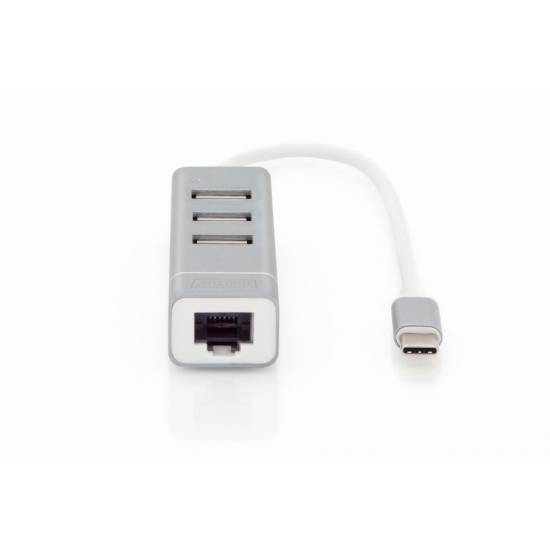 Hub USB2 x3 + karta sieciowa ethernet z USB C Digitus DA-70253