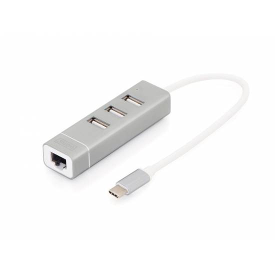 Hub USB2 x3 + karta sieciowa ethernet z USB C Digitus DA-70253