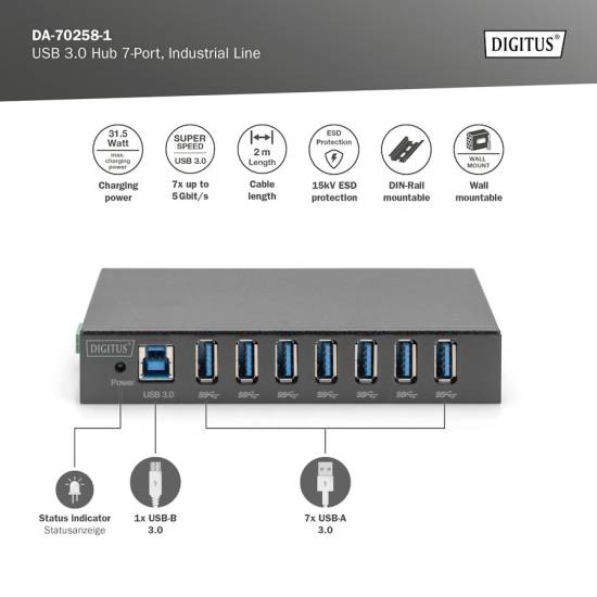 Hub USB 3.0 7-portowy przemysłowy metalowa obudowa aktywny Digitus DA-70258-1